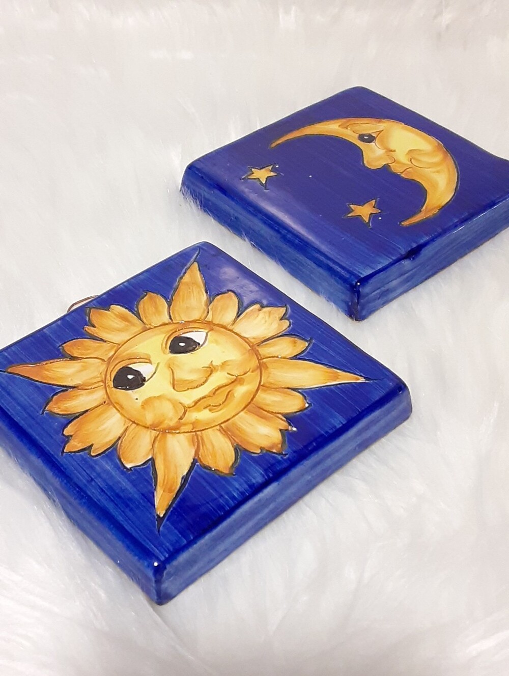 2x Vintage Celestial Sun Moon Stars Wall Hanging Tiles Decor Fatto A Mano Italy